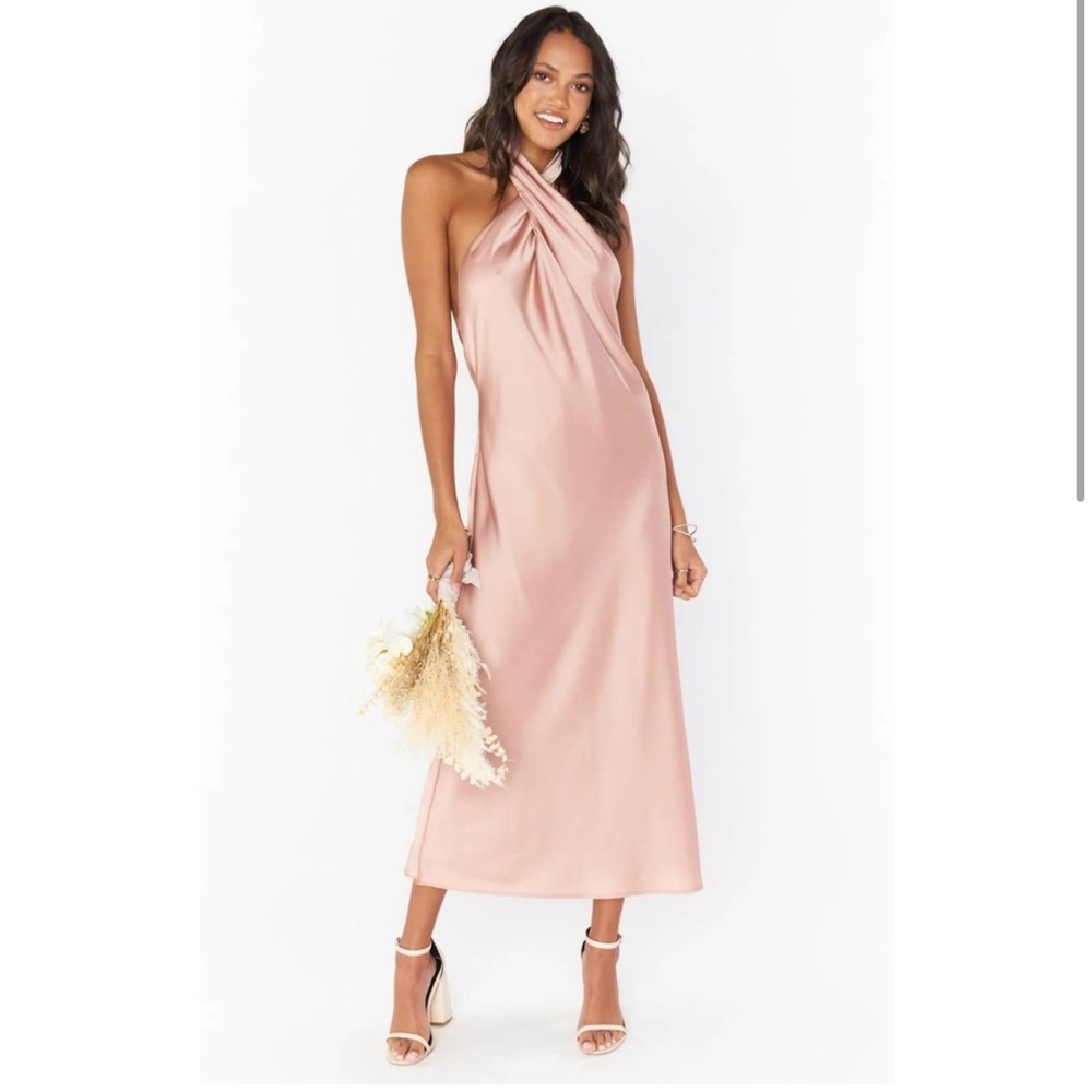 Show Me Your Mumu Jasmine Halter Midi Dress Rose Gold Luxe Satin L